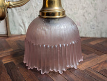 Load image into Gallery viewer, Vintage Brass Wall Sconce with Ribbed Amethyst Glass Shade – Art Nouveau Revival
