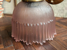 Load image into Gallery viewer, Vintage Brass Wall Sconce with Ribbed Amethyst Glass Shade – Art Nouveau Revival
