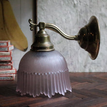 Load image into Gallery viewer, Vintage Brass Wall Sconce with Ribbed Amethyst Glass Shade – Art Nouveau Revival
