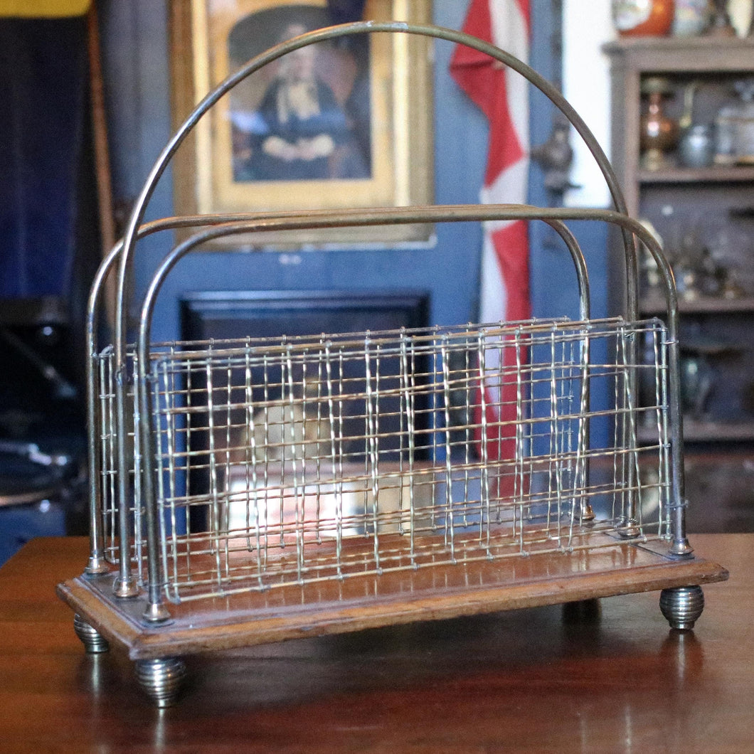Edwardian Wirework Magazine / Newspaper Rack on Oak Base – Carry Handle – c.1905–15