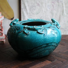 Load image into Gallery viewer, Antique Chinese Turquoise Crackle Glaze Jar with Frogs &amp; Lizards – Handcrafted Ceramic
