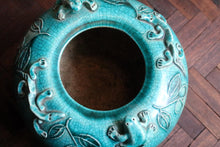 Load image into Gallery viewer, Antique Chinese Turquoise Crackle Glaze Jar with Frogs &amp; Lizards – Handcrafted Ceramic
