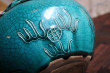 Load image into Gallery viewer, Antique Chinese Turquoise Crackle Glaze Jar with Frogs &amp; Lizards – Handcrafted Ceramic
