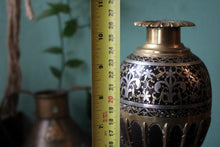 Load image into Gallery viewer, Antique Indian Brass &amp; Bidri Inlay Hookah Base / Vase on Feet
