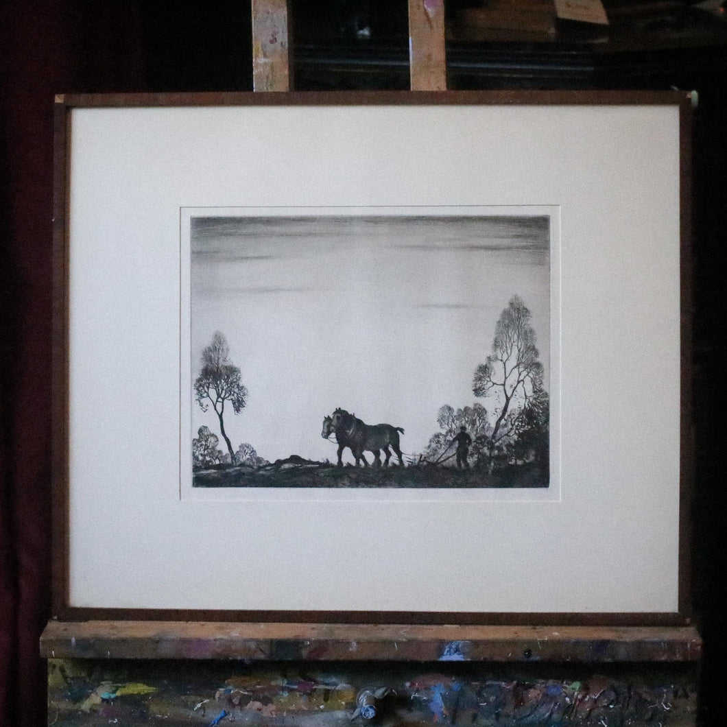 Early 20th.C Drypoint Etching of Plough Team at Dusk – Framed & Mounted
