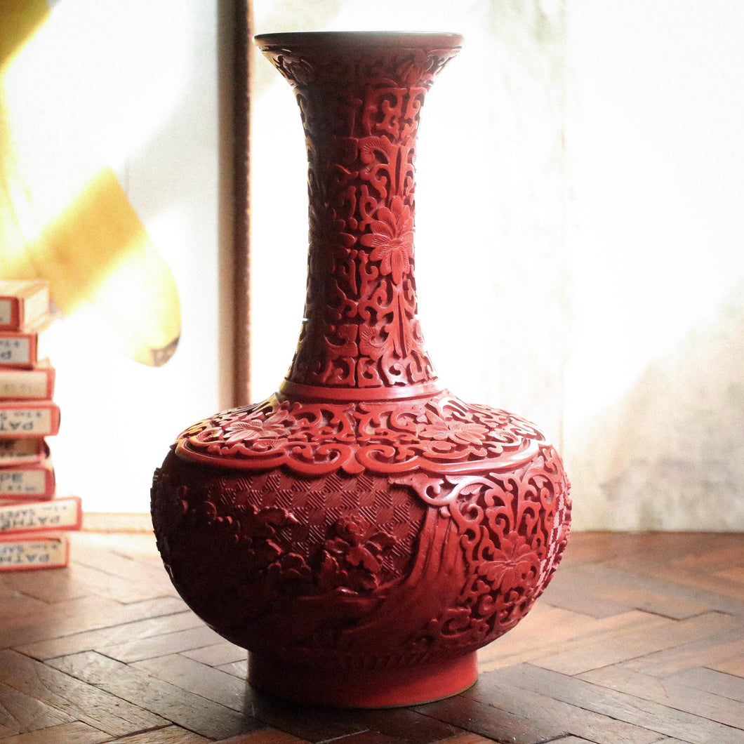 Carved Red Cinnabar-Style Vase With Blue Enamel Lining, Mid-20th Century