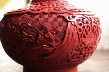 Load image into Gallery viewer, Carved Red Cinnabar-Style Vase With Blue Enamel Lining, Mid-20th Century

