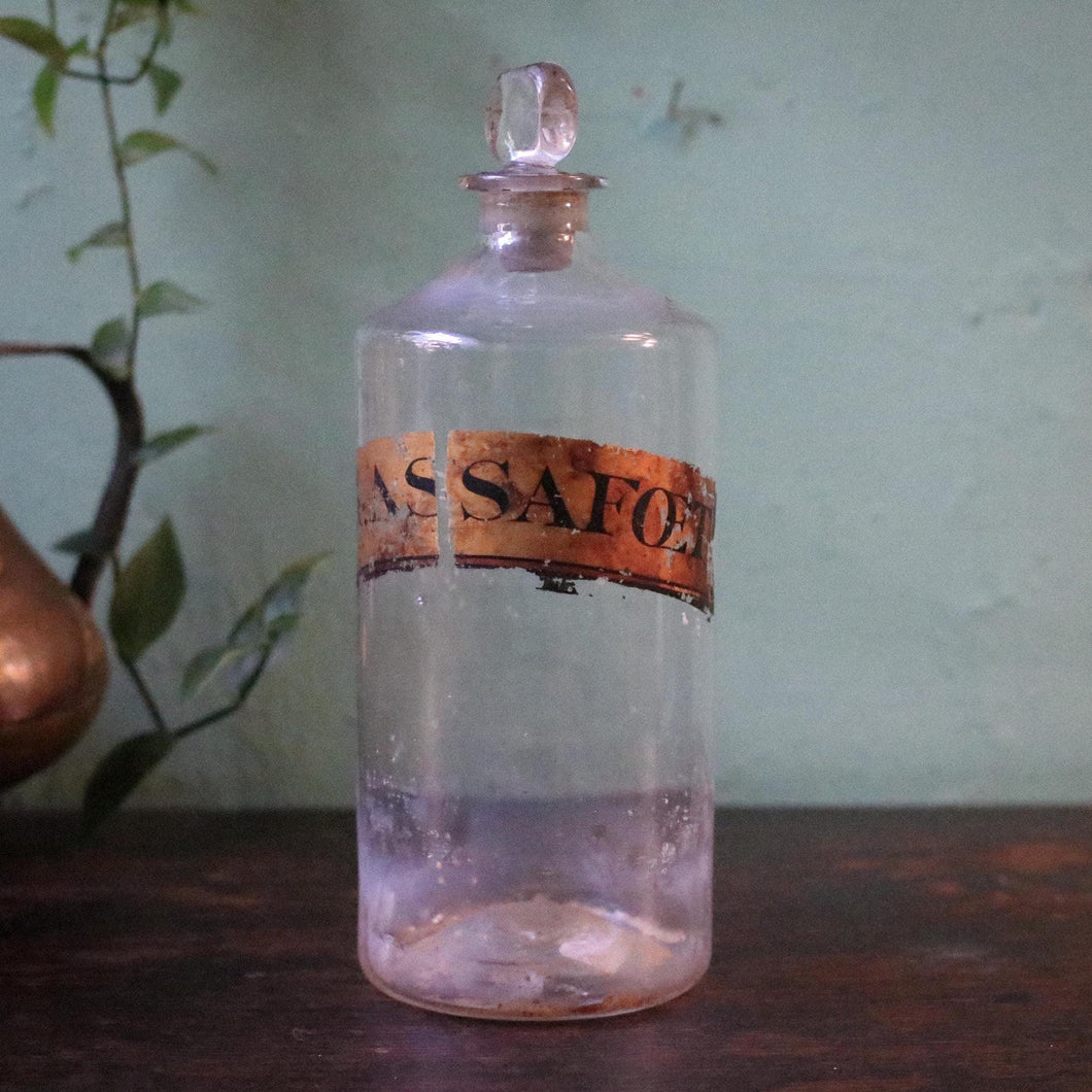 Victorian Apothecary Bottle With Ground Stopper, “T: ASSAFOE…” Label — 24cm