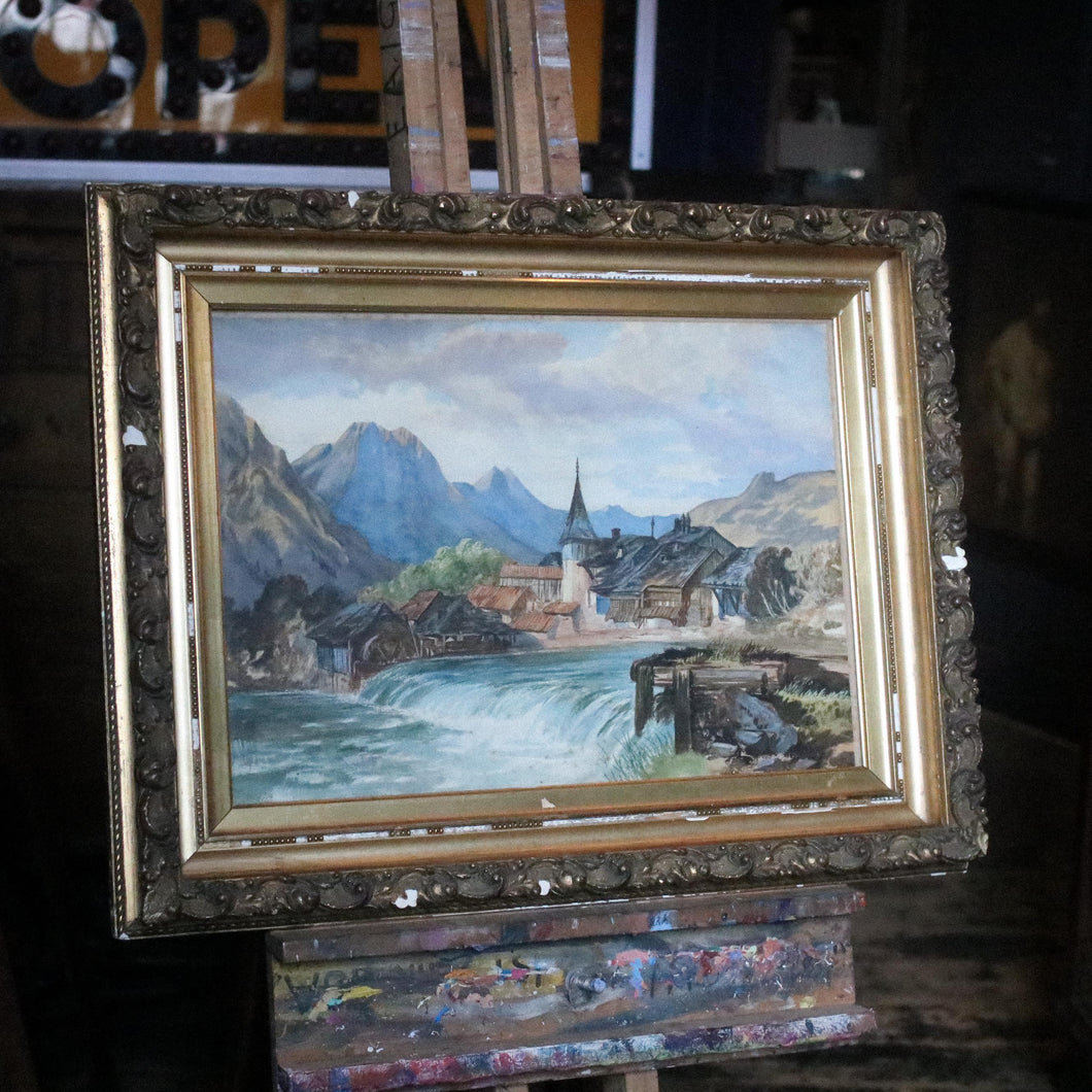 Vintage C.1940 Alpine Village Watercolour in Gilt Frame, 96.5cm x 52cm