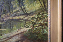 Load image into Gallery viewer, Woodland Stream With Lilies — Signed “E. Schneider, ’10” — Antique Oil On Board In Original Gilt Frame — 75 x 65 cm
