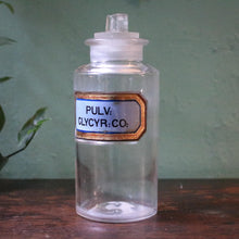 Load image into Gallery viewer, Victorian Chemist’s Apothecary Jar — “Pulv. Glycyr. Co.” Blue Label With Ground Stopper
