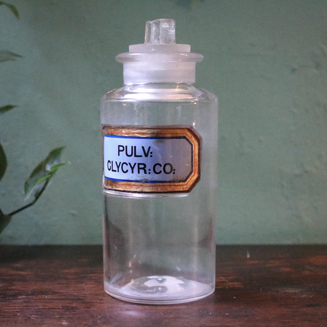 Victorian Chemist’s Apothecary Jar — “Pulv. Glycyr. Co.” Blue Label With Ground Stopper