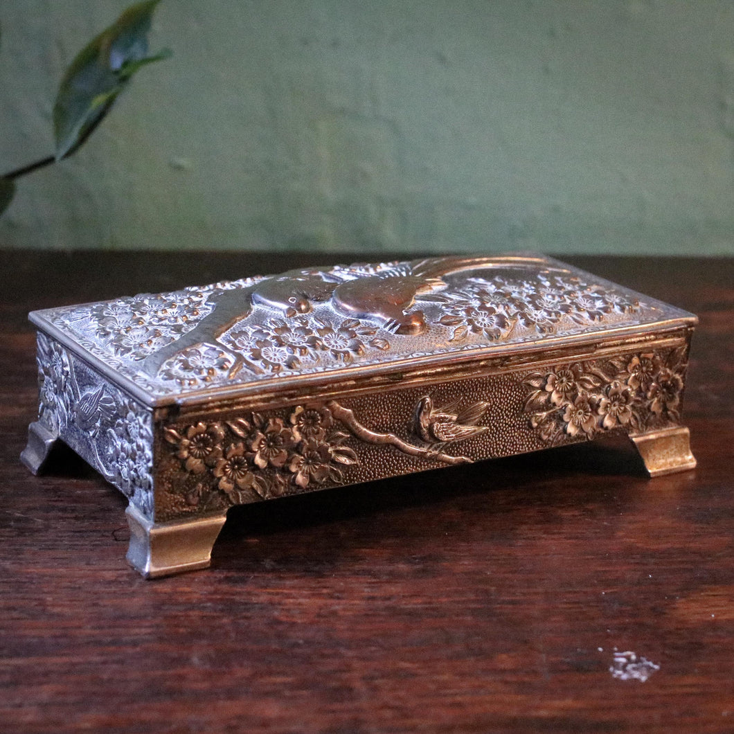Vintage Japanese Silver-Plated Jewellery Box with Birds & Blossom — Repoussé, Velvet Lined