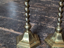 Load image into Gallery viewer, Tall Antique English Barley Twist Brass Candlesticks 19&quot;
