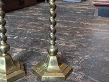 Load image into Gallery viewer, Tall Antique English Barley Twist Brass Candlesticks 19&quot;
