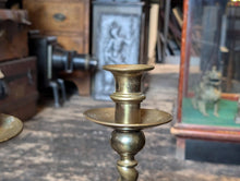 Load image into Gallery viewer, Tall Antique English Barley Twist Brass Candlesticks 19&quot;
