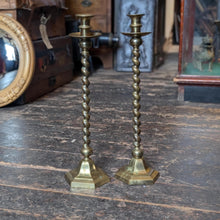 Load image into Gallery viewer, Tall Antique English Barley Twist Brass Candlesticks 19&quot;
