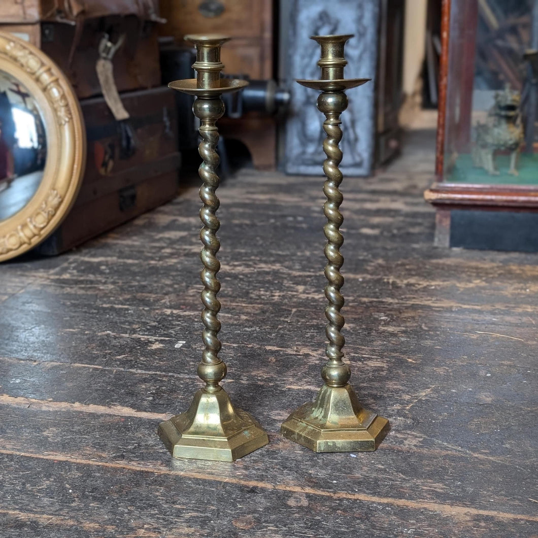 Tall Antique English Barley Twist Brass Candlesticks 19