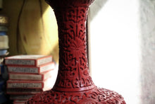 Load image into Gallery viewer, Carved Red Cinnabar-Style Vase With Blue Enamel Lining, Mid-20th Century

