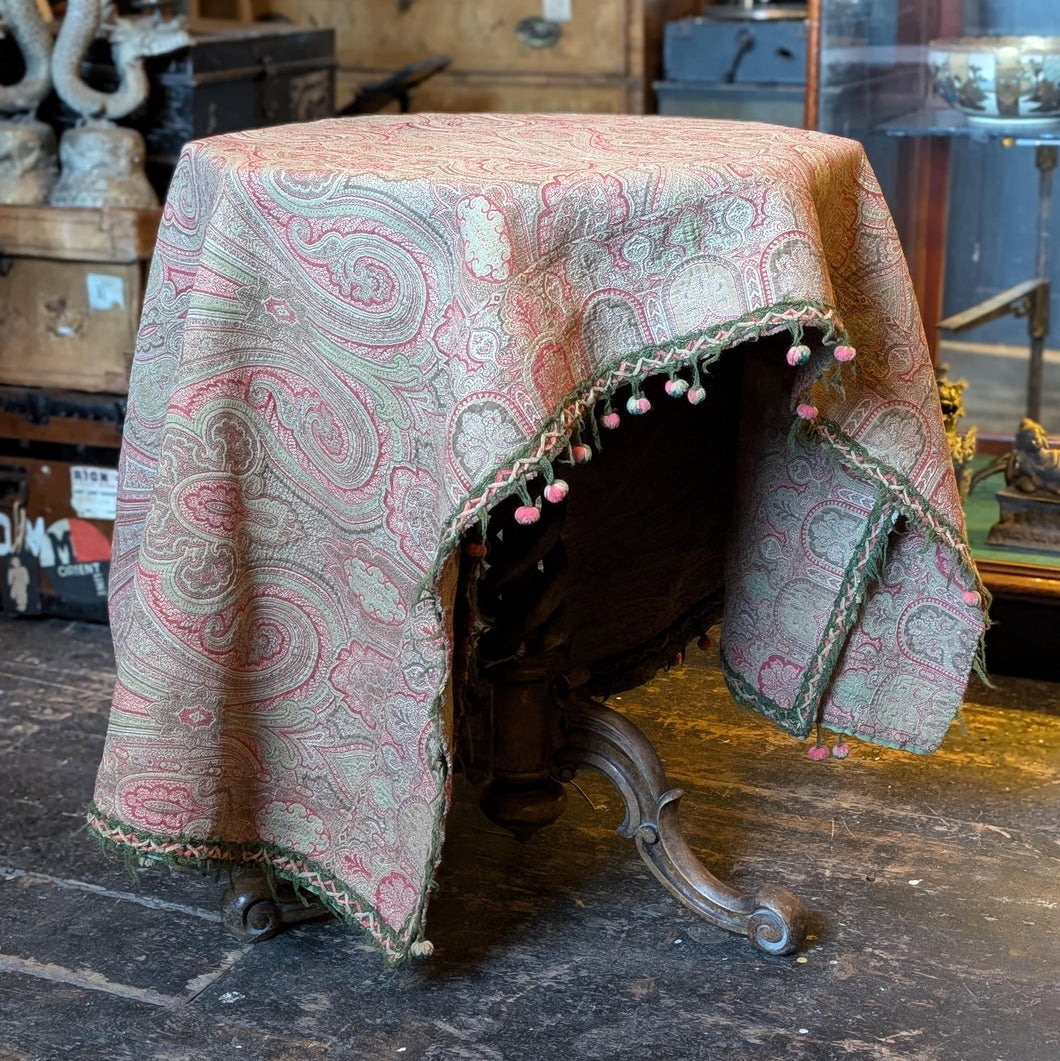 Large Victorian Kashmir-Style Paisley Shawl – Soft Pink & Sage With Pom-Pom Trim - 163 x 163 cm