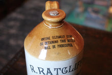 Load image into Gallery viewer, 26cm Stoneware Ginger Beer / Botanical Brewer Bottle — R. Ratcliffe, Thurston Road, Pontypridd, Two-Tone Advertising, c.1890–1910
