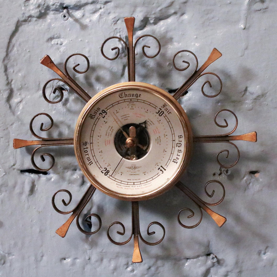 Mid Century Sunburst Iron Barometer With Brass Bezel