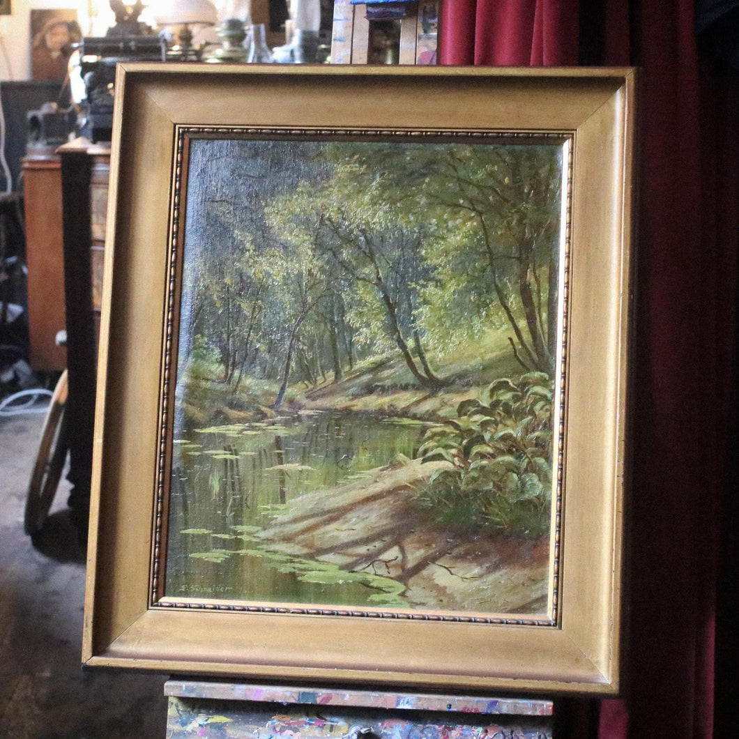 Woodland Stream With Lilies — Signed “E. Schneider, ’10” — Antique Oil On Board In Original Gilt Frame — 75 x 65 cm