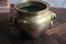 Load image into Gallery viewer, Hand-Engraved Brass Tripod Censer With Mask Ring Handles, Phoenix &amp; Peony Motifs, Mid–20th Century
