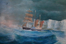 Load image into Gallery viewer, Stormy Seascape With Clipper And Icebergs — Signed Vintage Oil On Canvas In Gilt Frame
