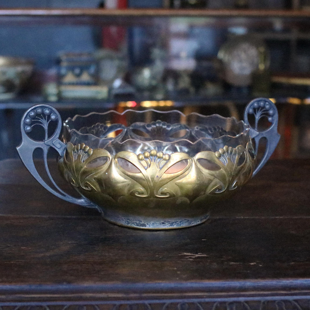 Art Nouveau Silver Plated Centerpiece Bowl With Lily Piercing - Glass Liner – 12 cm H, 20 cm Ø Bowl, 30 cm W