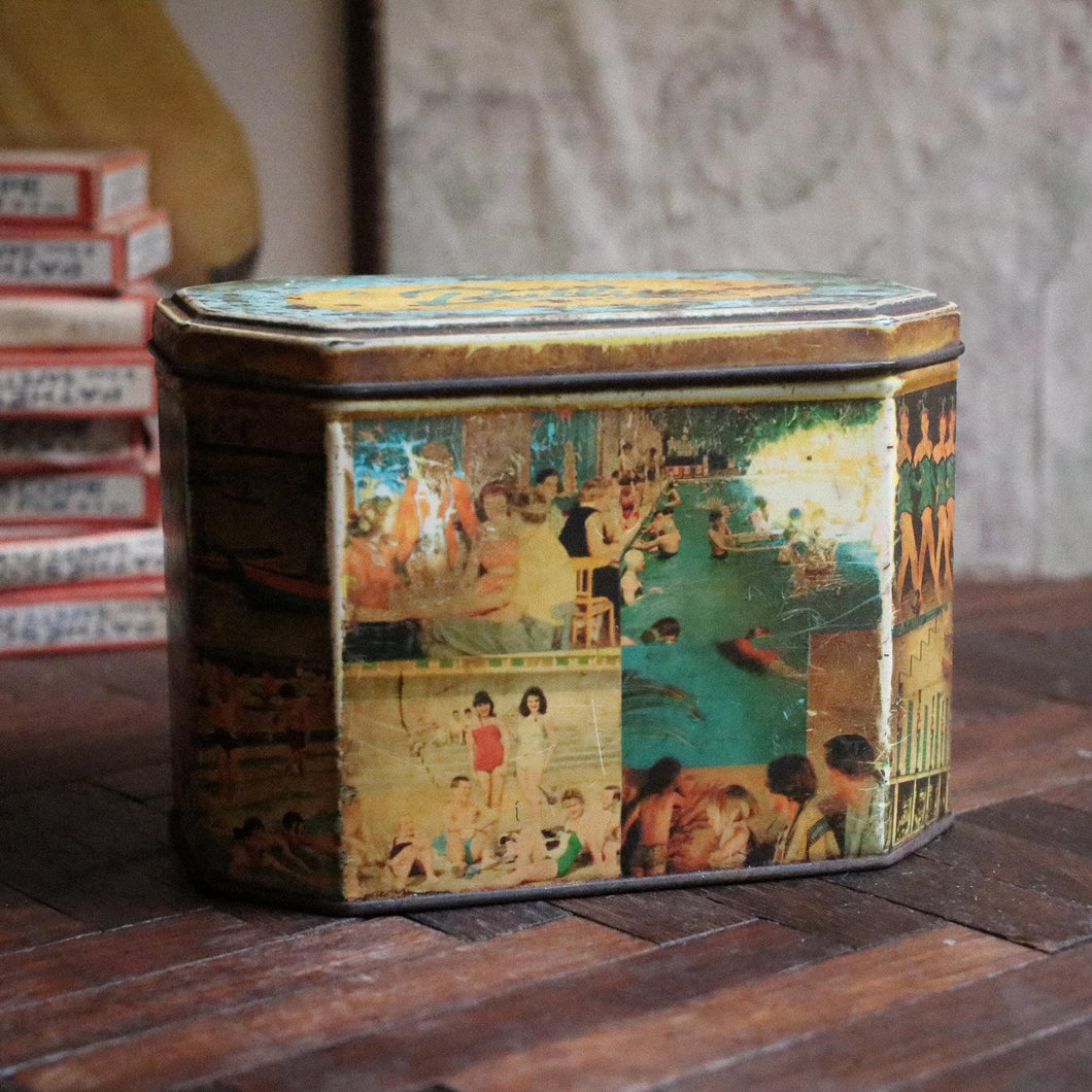 Mid-Century Holiday Montage Biscuit Tin - Butlins - English Seaside, Lido & Circus Scenes
