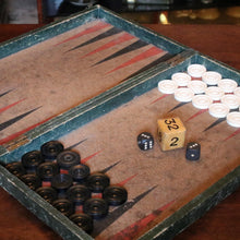 Load image into Gallery viewer, 1930s Backgammon Set in Green Lizard-Grain Case — Bakelite Counters &amp; Doubling Cube
