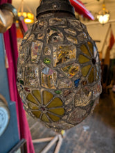 Load image into Gallery viewer, C.1940 Vintage Mosaic Chunk Stained Glass Pendant Light With Floral Medallions — Rewired

