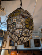Load image into Gallery viewer, C.1940 Vintage Mosaic Chunk Stained Glass Pendant Light With Floral Medallions — Rewired
