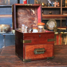 Load image into Gallery viewer, Antique Mahogany Apothecary Chest with Original Glass Bottles and Brass Mounts – 22 x 16 x 19 cm
