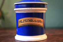 Load image into Gallery viewer, Antique Blue and White Apothecary Opium Jar – “Pil. Plumb.Cu Opio” – 19th Century Chemist Pot

