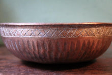 Load image into Gallery viewer, Antique Middle Eastern Hand-Engraved Copper Bowl – Boteh &amp; Calligraphy, 7&quot;
