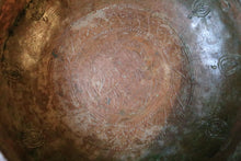 Load image into Gallery viewer, Antique Middle Eastern Hand-Engraved Copper Bowl – Boteh &amp; Calligraphy, 7&quot;
