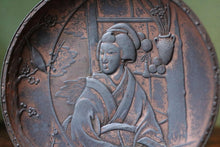 Load image into Gallery viewer, Early 20th-C Japanese Copper Relief Dish – Geisha/Bijin Interior Scene, ~15 cm
