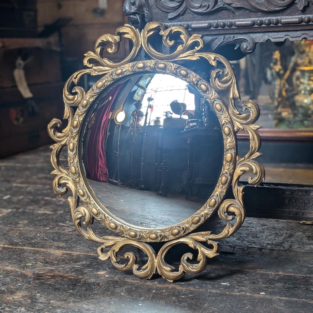 Vintage Rococo-Style Gilt Round Convex Wall Mirror - Scroll Frame - 55 x 49 cm