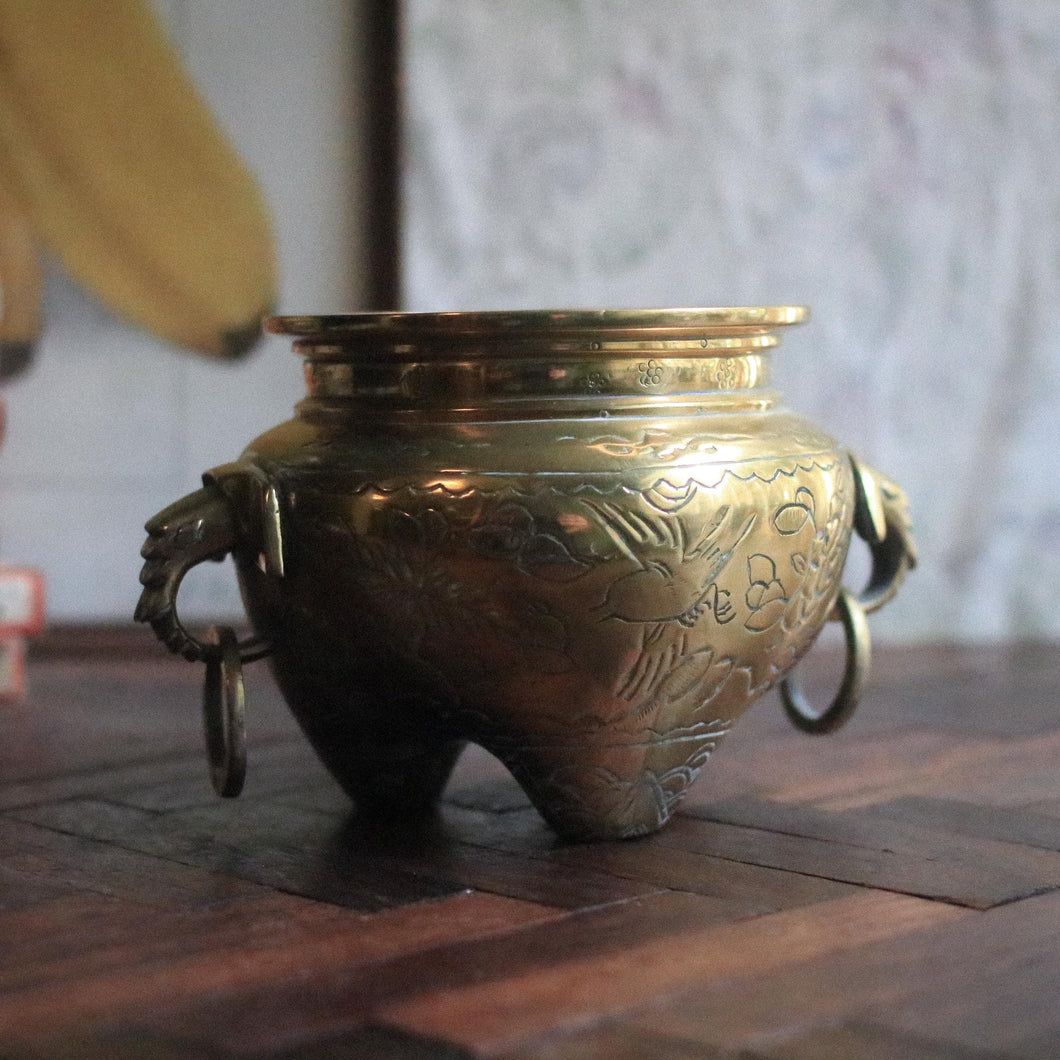 Hand-Engraved Brass Tripod Censer With Mask Ring Handles, Phoenix & Peony Motifs, Mid–20th Century