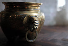 Load image into Gallery viewer, Hand-Engraved Brass Tripod Censer With Mask Ring Handles, Phoenix &amp; Peony Motifs, Mid–20th Century

