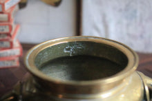 Load image into Gallery viewer, Hand-Engraved Brass Tripod Censer With Mask Ring Handles, Phoenix &amp; Peony Motifs, Mid–20th Century
