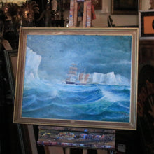 Load image into Gallery viewer, Stormy Seascape With Clipper And Icebergs — Signed Vintage Oil On Canvas In Gilt Frame
