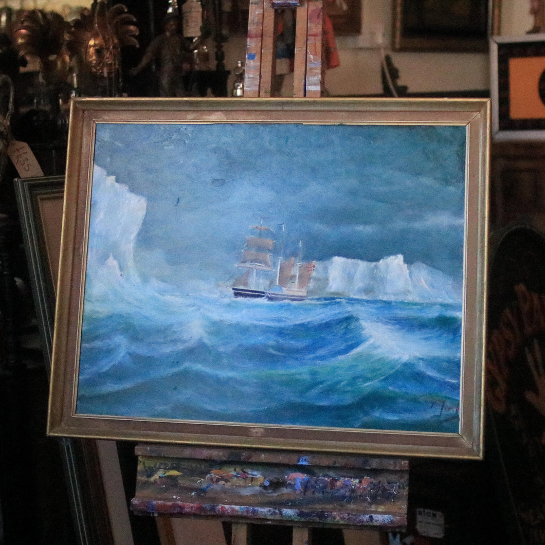 Stormy Seascape With Clipper And Icebergs — Signed Vintage Oil On Canvas In Gilt Frame