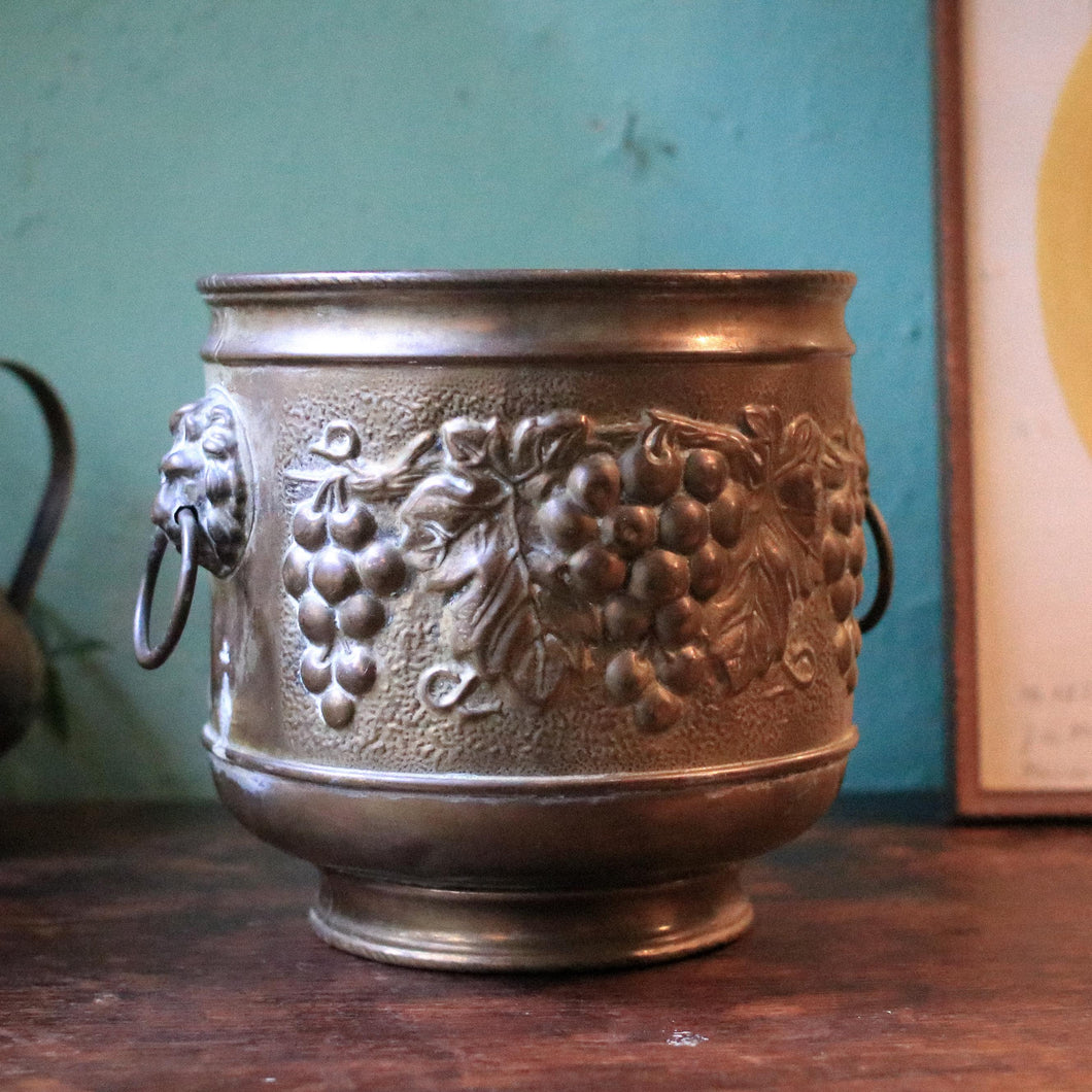 Vintage Lion-Mask Ring-Handled Grape Relief Jardiniere / Planter – Brass Cachepot, C.1940