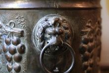 Load image into Gallery viewer, Vintage Lion-Mask Ring-Handled Grape Relief Jardiniere / Planter – Brass Cachepot, C.1940
