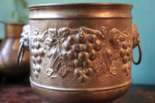 Load image into Gallery viewer, Vintage Lion-Mask Ring-Handled Grape Relief Jardiniere / Planter – Brass Cachepot, C.1940

