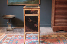 Load image into Gallery viewer, Victorian Aesthetic Bamboo Cabinet With Japanned Panels &amp; Verre Églomisé Drop-Front — Buttoned Purple Interior — 43 × 31 × 77 cm
