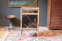 Load image into Gallery viewer, Victorian Aesthetic Bamboo Cabinet With Japanned Panels &amp; Verre Églomisé Drop-Front — Buttoned Purple Interior — 43 × 31 × 77 cm
